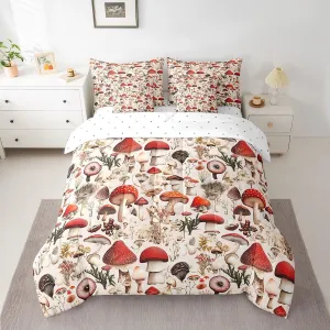 Castle Fairy Mushroom Comforter Set with Sheets Cute Mushrooms Botanical 7 Piece Bedding Set Queen Size for Kids Boys Girls Rutsic Natural Fungus Bed in a Bag Beige Red Soft Bedding Comforters