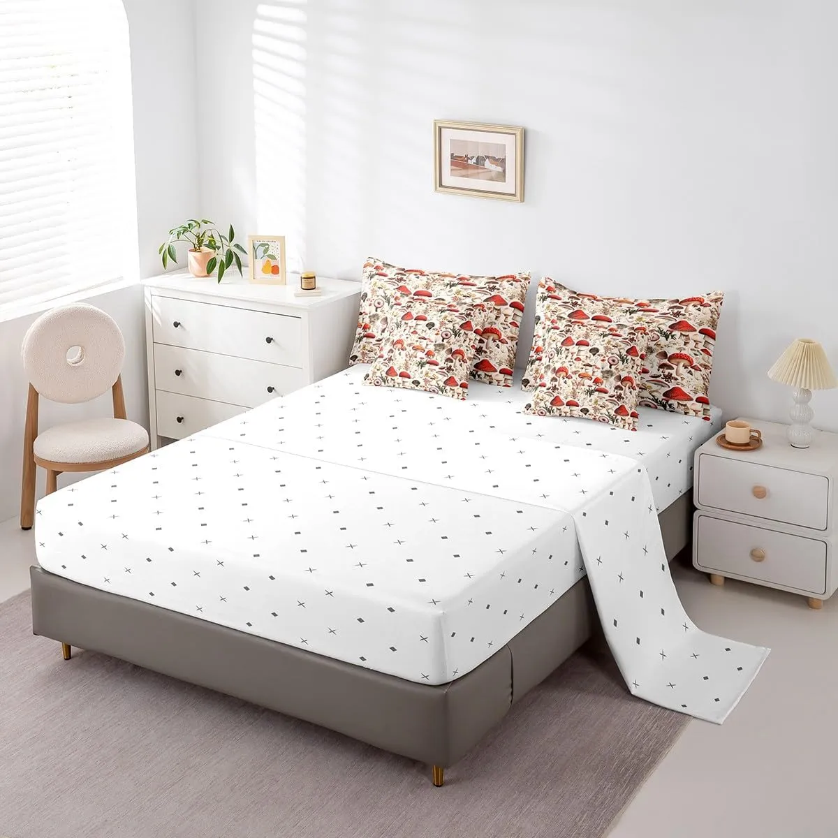 Castle Fairy Mushroom Comforter Set with Sheets Cute Mushrooms Botanical 7 Piece Bedding Set Queen Size for Kids Boys Girls Rutsic Natural Fungus Bed in a Bag Beige Red Soft Bedding Comforters