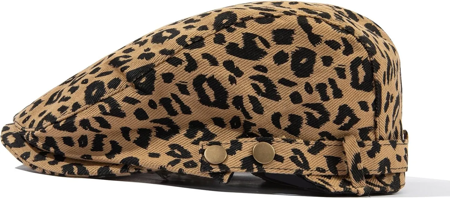Clakllie Men's Ivy Newsboy Hat Leopard Print Irish Flat Caps Cabbie Driving Hunting Cap Adjsutable Gatsby Beret Hat