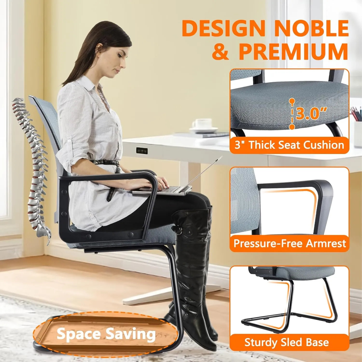 CLATINA Office Guest Chair with Lumbar Support and Mid Back Mesh Space Air Grid Series for Reception Conference Room Gray