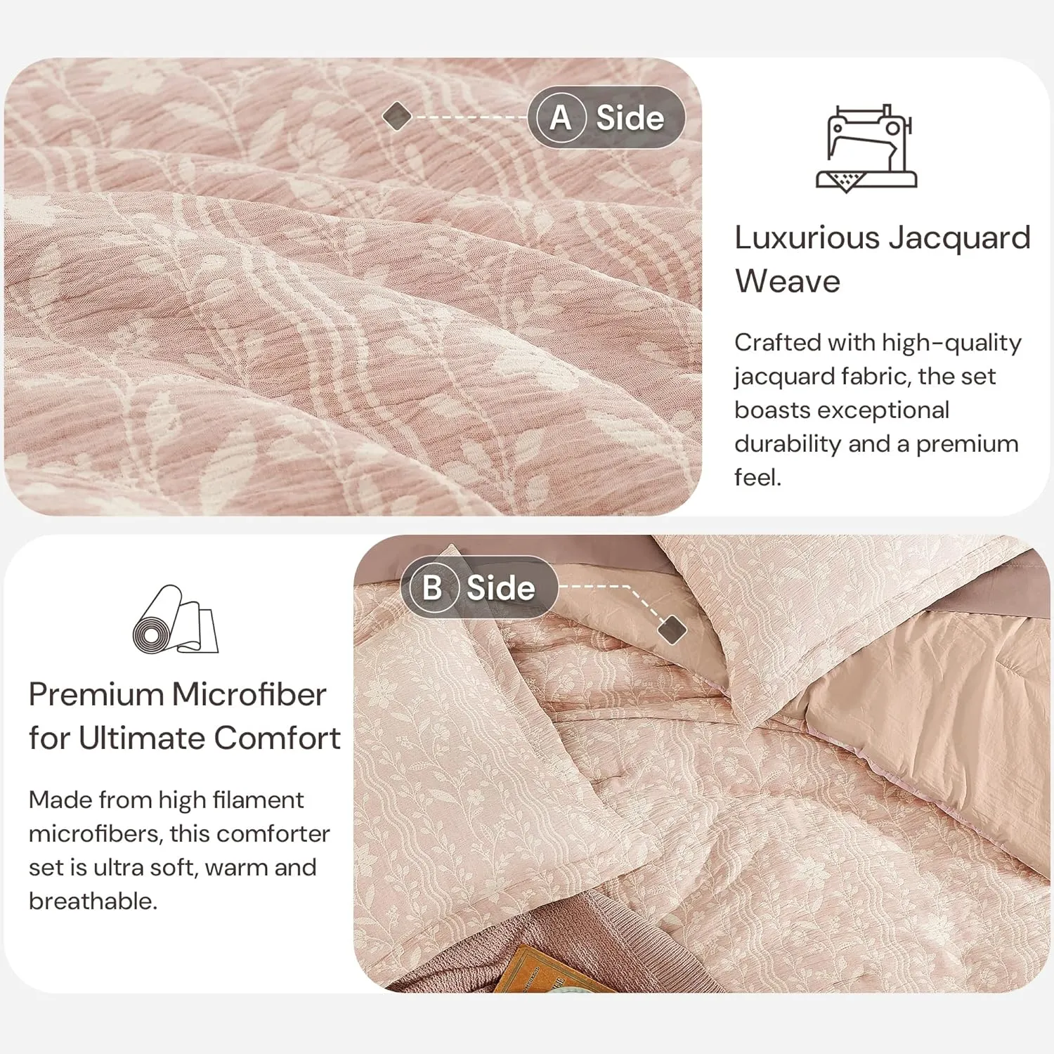 Comforter Set Queen Size - 7 Pieces Floral Almond Pink Bedding for All Seasons, Farmhouse Shabby Chic Embroidery Bed Set, Soft Jacquard Queen Comforter Set with Sheets, Pillowcases & Shams