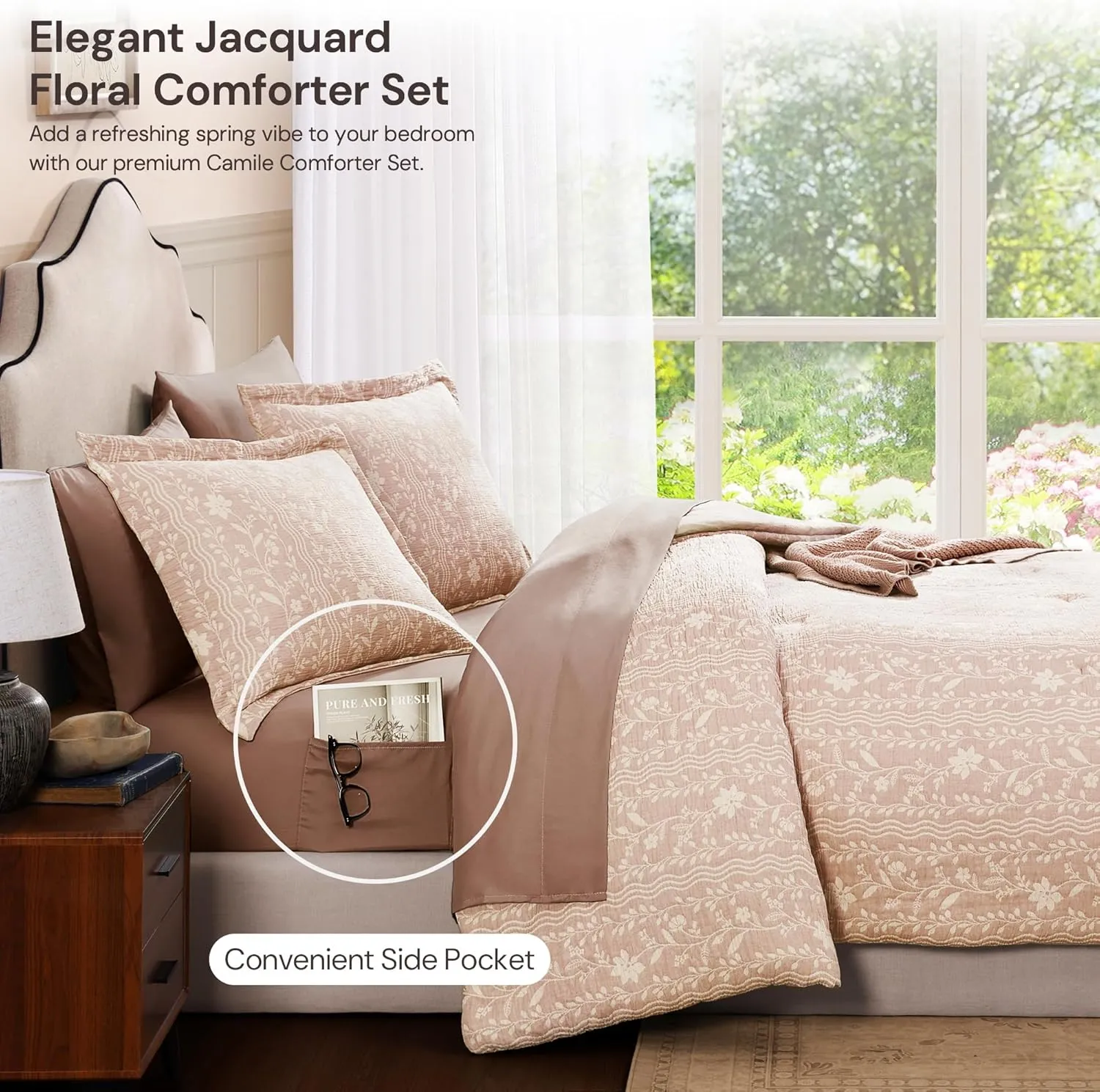 Comforter Set Queen Size - 7 Pieces Floral Almond Pink Bedding for All Seasons, Farmhouse Shabby Chic Embroidery Bed Set, Soft Jacquard Queen Comforter Set with Sheets, Pillowcases & Shams
