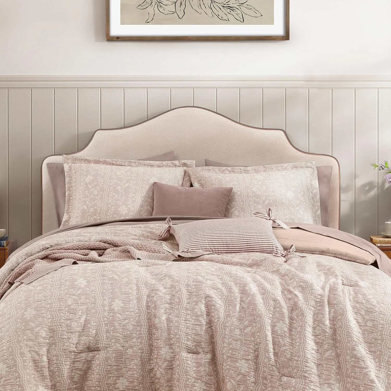Comforter Set Queen Size - 7 Pieces Floral Almond Pink Bedding for All Seasons, Farmhouse Shabby Chic Embroidery Bed Set, Soft Jacquard Queen Comforter Set with Sheets, Pillowcases & Shams