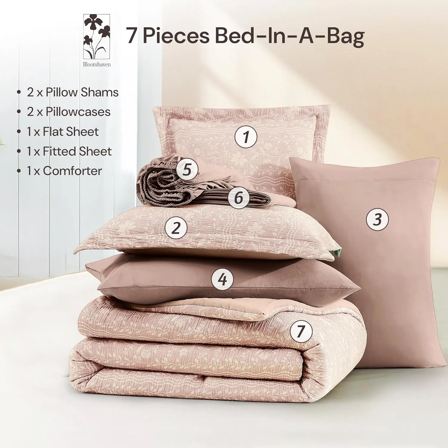 Comforter Set Queen Size - 7 Pieces Floral Almond Pink Bedding for All Seasons, Farmhouse Shabby Chic Embroidery Bed Set, Soft Jacquard Queen Comforter Set with Sheets, Pillowcases & Shams