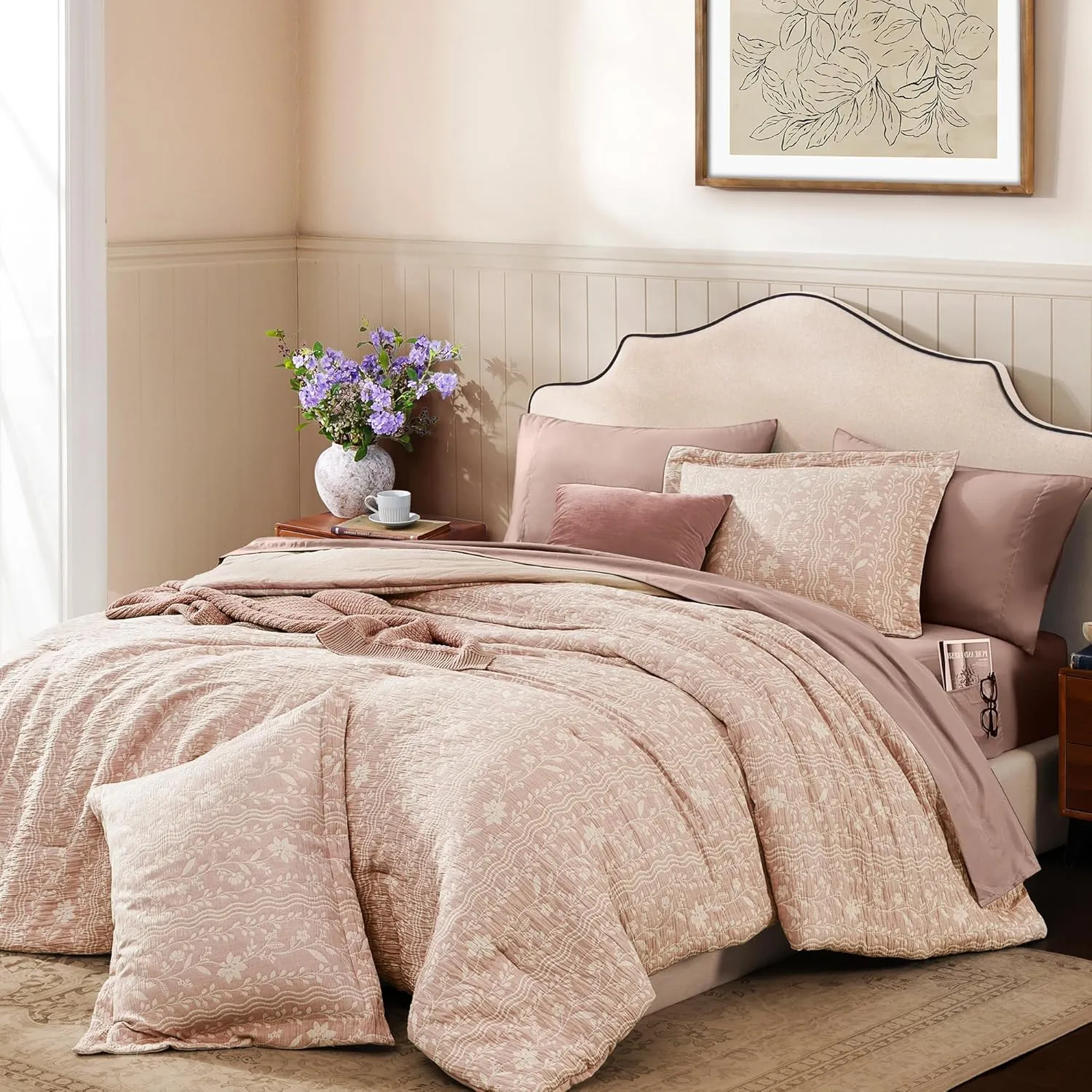 Comforter Set Queen Size - 7 Pieces Floral Almond Pink Bedding for All Seasons, Farmhouse Shabby Chic Embroidery Bed Set, Soft Jacquard Queen Comforter Set with Sheets, Pillowcases & Shams