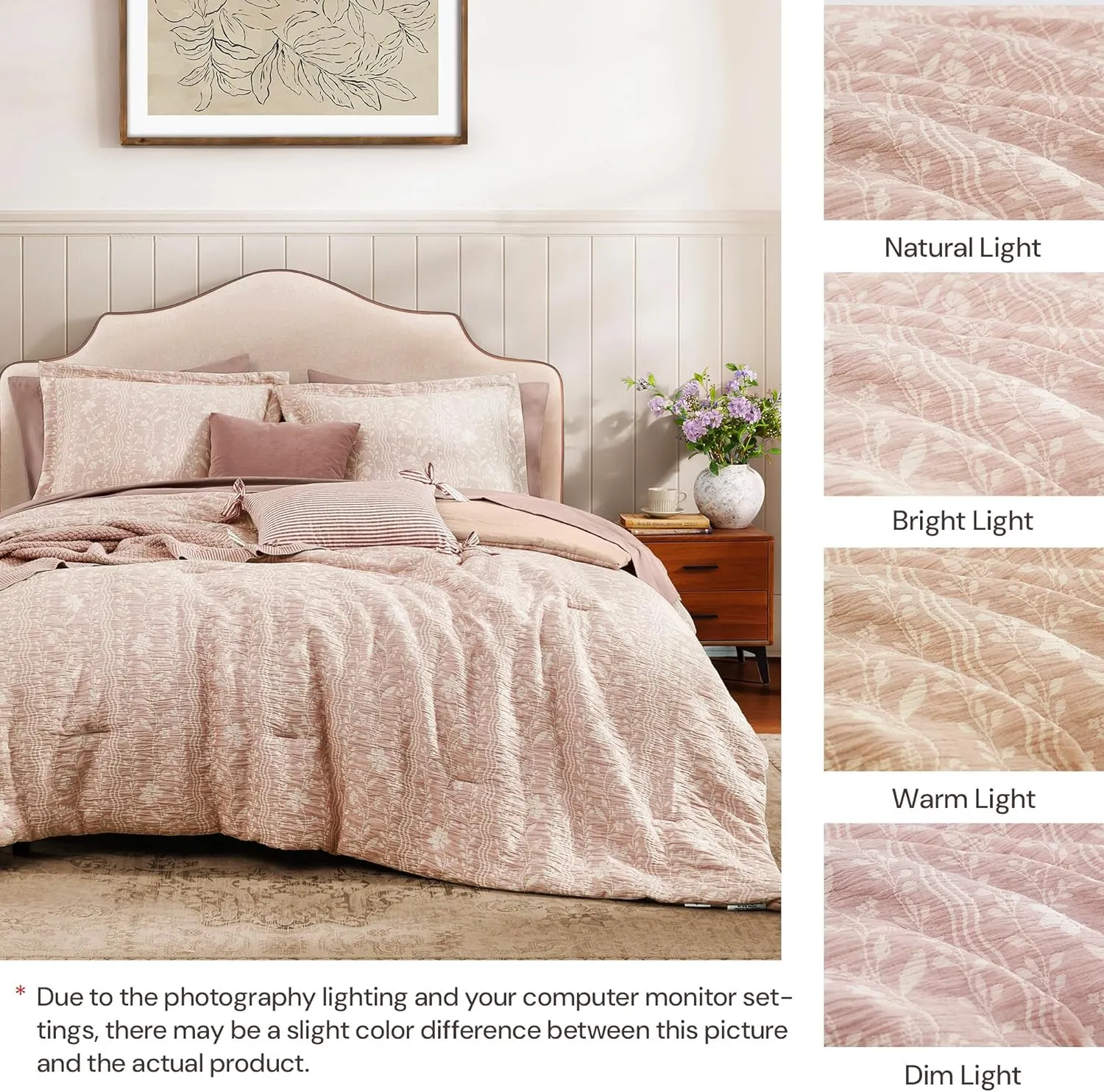 Comforter Set Queen Size - 7 Pieces Floral Almond Pink Bedding for All Seasons, Farmhouse Shabby Chic Embroidery Bed Set, Soft Jacquard Queen Comforter Set with Sheets, Pillowcases & Shams