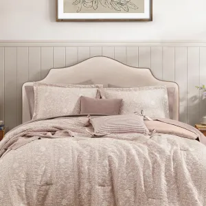 Comforter Set Queen Size - 7 Pieces Floral Almond Pink Bedding for All Seasons, Farmhouse Shabby Chic Embroidery Bed Set, Soft Jacquard Queen Comforter Set with Sheets, Pillowcases & Shams