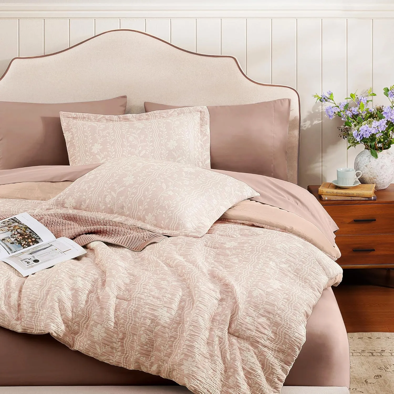 Comforter Set Queen Size - 7 Pieces Floral Almond Pink Bedding for All Seasons, Farmhouse Shabby Chic Embroidery Bed Set, Soft Jacquard Queen Comforter Set with Sheets, Pillowcases & Shams