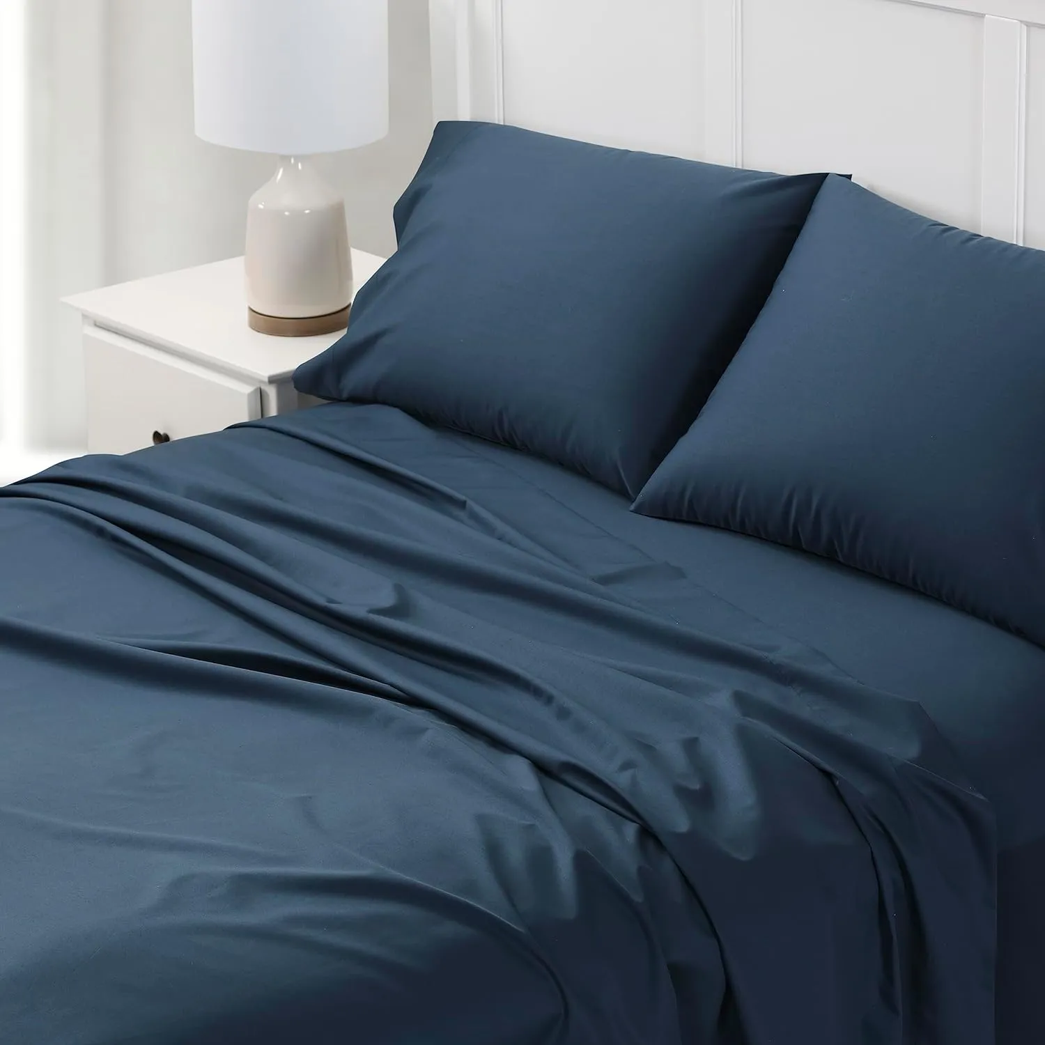 Cuddledown Dreamstead 100% Cotton Bed Sheets Set | 300 Thread Count | Luxurious Sateen Weave | Pure Combed Cotton | Soft | Wrinkle Resistant | 4 Piece Set | Navy | King | 78” x 80”