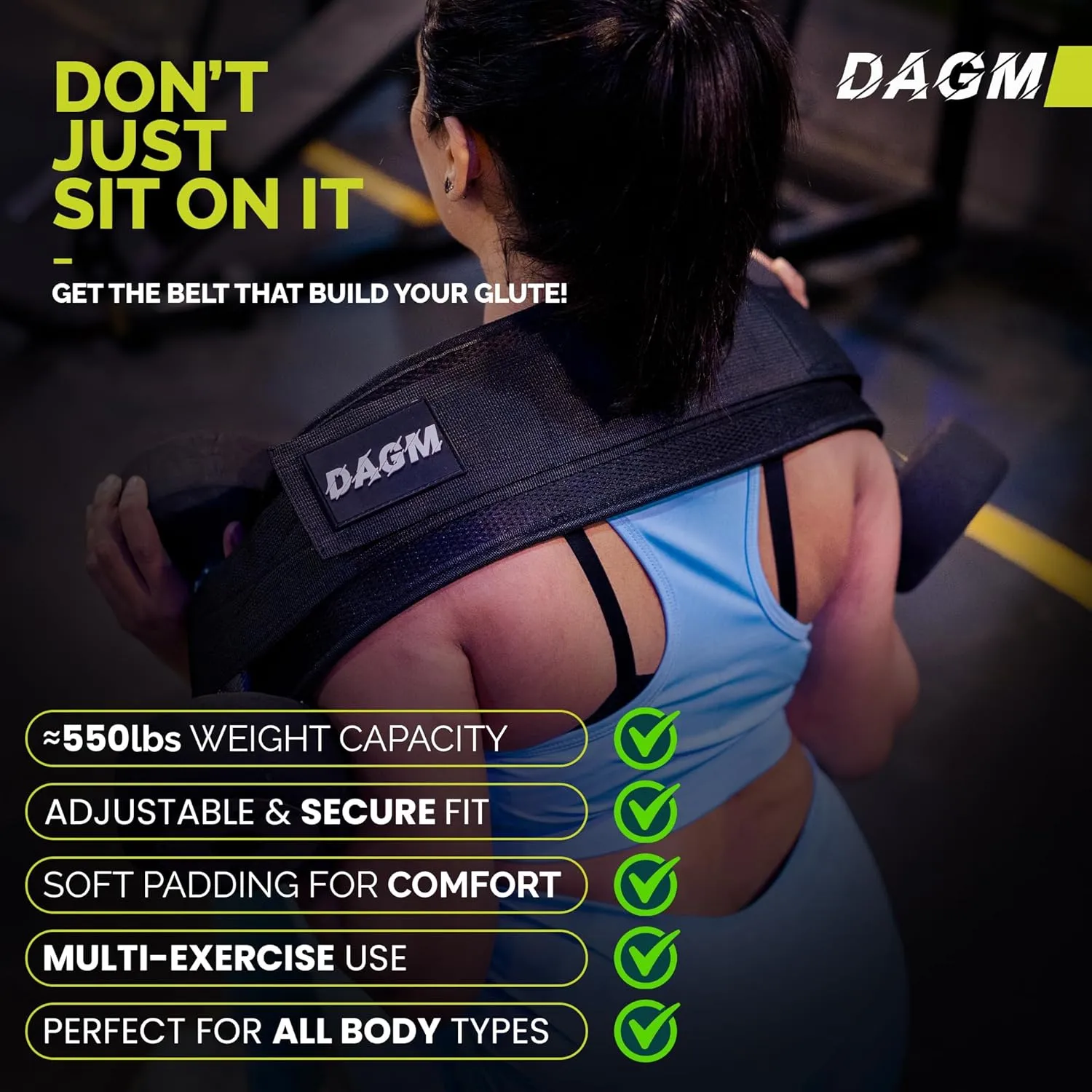 DAGM Hip Thrust Belt for Dumbbells heavy, Secure Glute Trainer with Non-Slip Extra Padding That Protects Your Hips - Ideal for Gym & Home Workouts - Use with Heavy Duty Kettlebells, Dumbbells, & Plates Hold up to 500 lbs