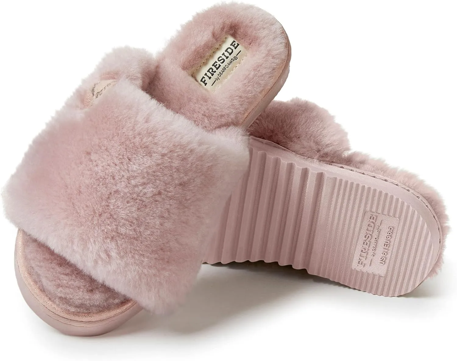 Dearfoams Women's Fireside Cairns Shearling Easy On/Off Slide Sandal Slipper