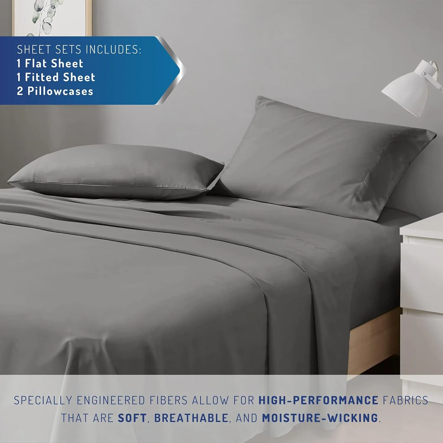 Degrees of Comfort Coolmax King Size Sheets Set, 4 Pieces Hotel Luxury Cooling Bed Sheet for Hot Sleepers, Super Soft, 14 Inch Deep Pocket, Grey