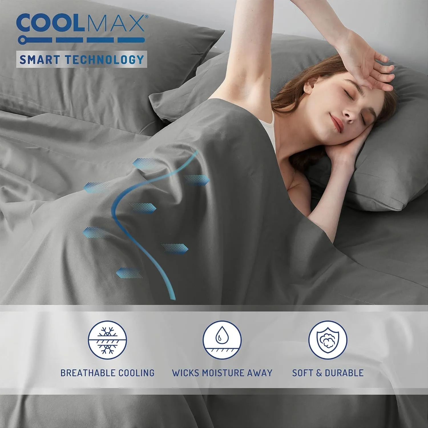 Degrees of Comfort Coolmax King Size Sheets Set, 4 Pieces Hotel Luxury Cooling Bed Sheet for Hot Sleepers, Super Soft, 14 Inch Deep Pocket, Grey
