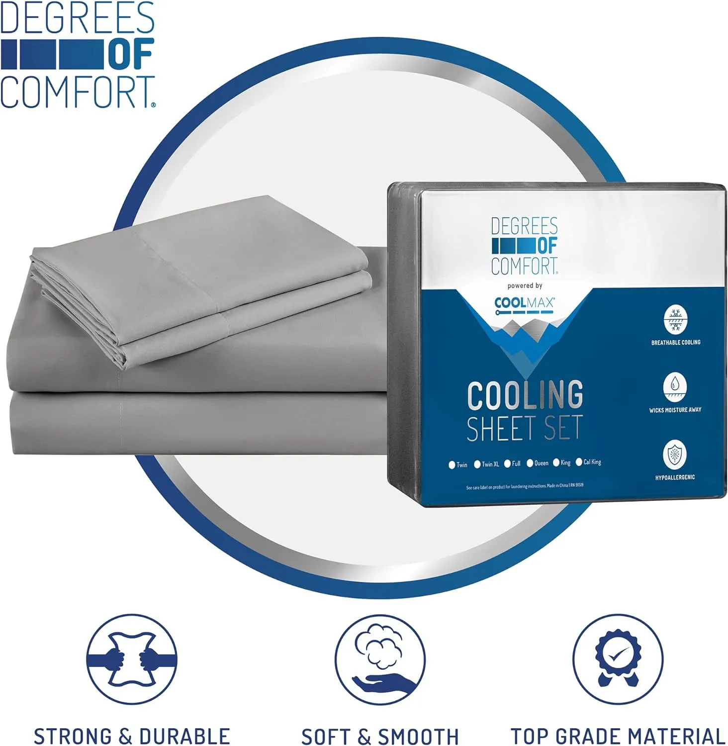 Degrees of Comfort Coolmax King Size Sheets Set, 4 Pieces Hotel Luxury Cooling Bed Sheet for Hot Sleepers, Super Soft, 14 Inch Deep Pocket, Grey
