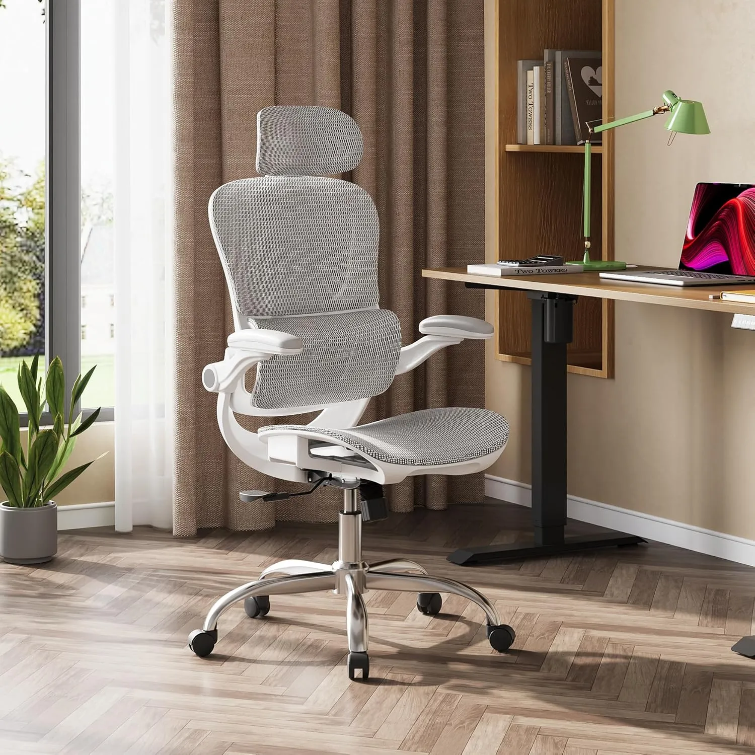 DEVAISE Ergonomic Mesh Home Office Desk Chair with Lumbar Support, High Back Reclining Computer Gaming Chair with Flip-up Armrests, 3D Headrest, Tilt Lock, Heavy Duty, SGS Class 4 Gas Lift, White