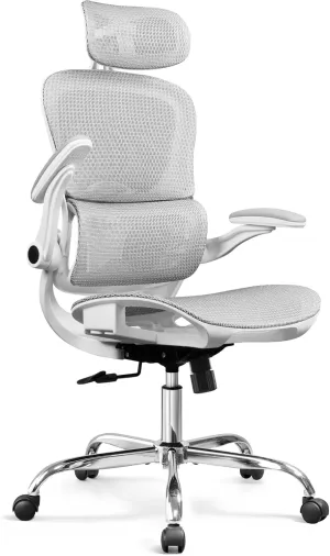 DEVAISE Ergonomic Mesh Home Office Desk Chair with Lumbar Support, High Back Reclining Computer Gaming Chair with Flip-up Armrests, 3D Headrest, Tilt Lock, Heavy Duty, SGS Class 4 Gas Lift, White