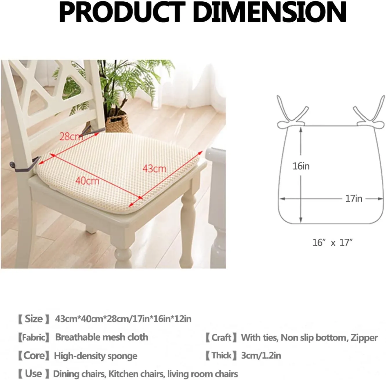Dining Room Chair Cushion Covers Washable, Chair Seat Cushion Replacement, Summer Breathable Mesh Chair Pads with Ties, U Shaped Kitchen Chair Pads with Anti-Slip Rubber Back Gray
