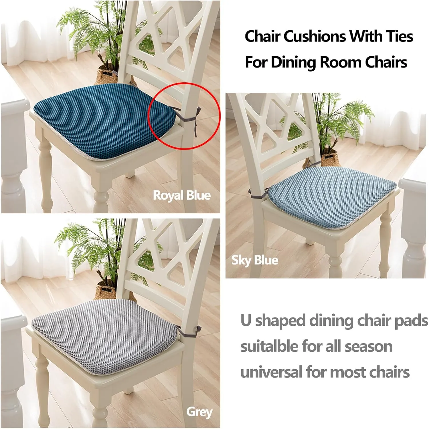 Dining Room Chair Cushion Covers Washable, Chair Seat Cushion Replacement, Summer Breathable Mesh Chair Pads with Ties, U Shaped Kitchen Chair Pads with Anti-Slip Rubber Back Gray