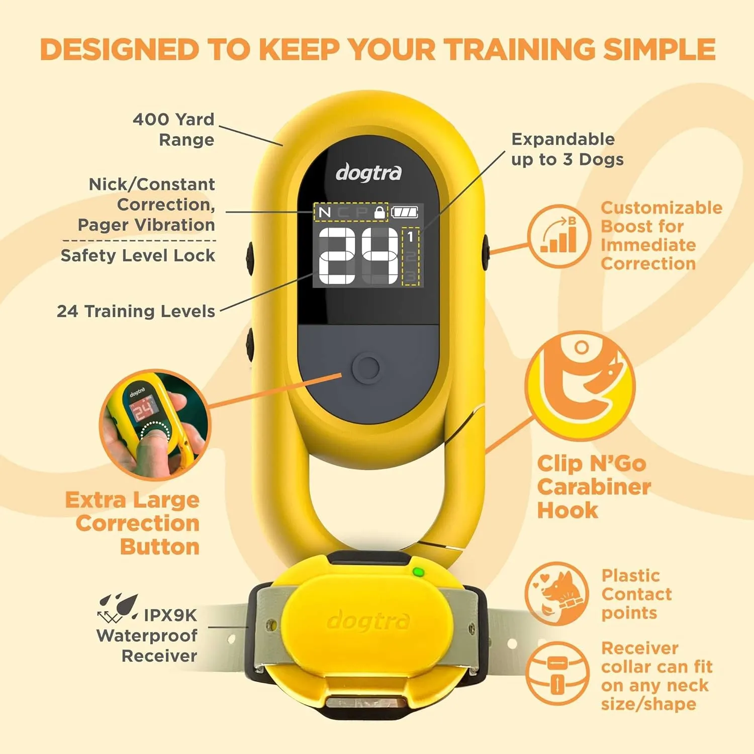 Dogtra CUE Remote Dog Training E-Collar for Small, Medium and Large Dogs - Range of 400 Yards, Waterproof, Vibrating, Rechargeable Correction Ecollar, 24 Training Levels, W/PetsTEK Clicker (1 Dog)