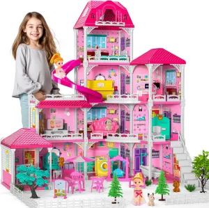 Dolls House for Girls Toys, 4 Stories 10 Rooms Dollshouse with 2 Princesses Slide Accessories, Playset for Toddler Playhouse Gift for for 3 4 5 6 7 8  Year Old Girls Toys
