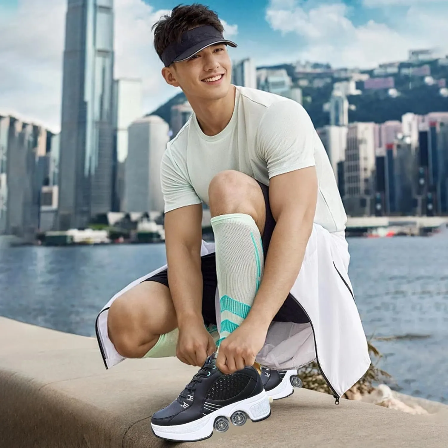Double-Row Deform Wheel Automatic Walking Shoes Invisible Pulley Shoes Skates Unisex Roller Skates Adult Children's Skating Shoes Outdoor Parkour Shoes