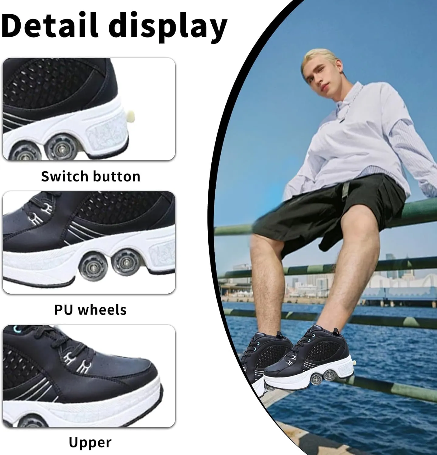 Double-Row Deform Wheel Automatic Walking Shoes Invisible Pulley Shoes Skates Unisex Roller Skates Adult Children's Skating Shoes Outdoor Parkour Shoes