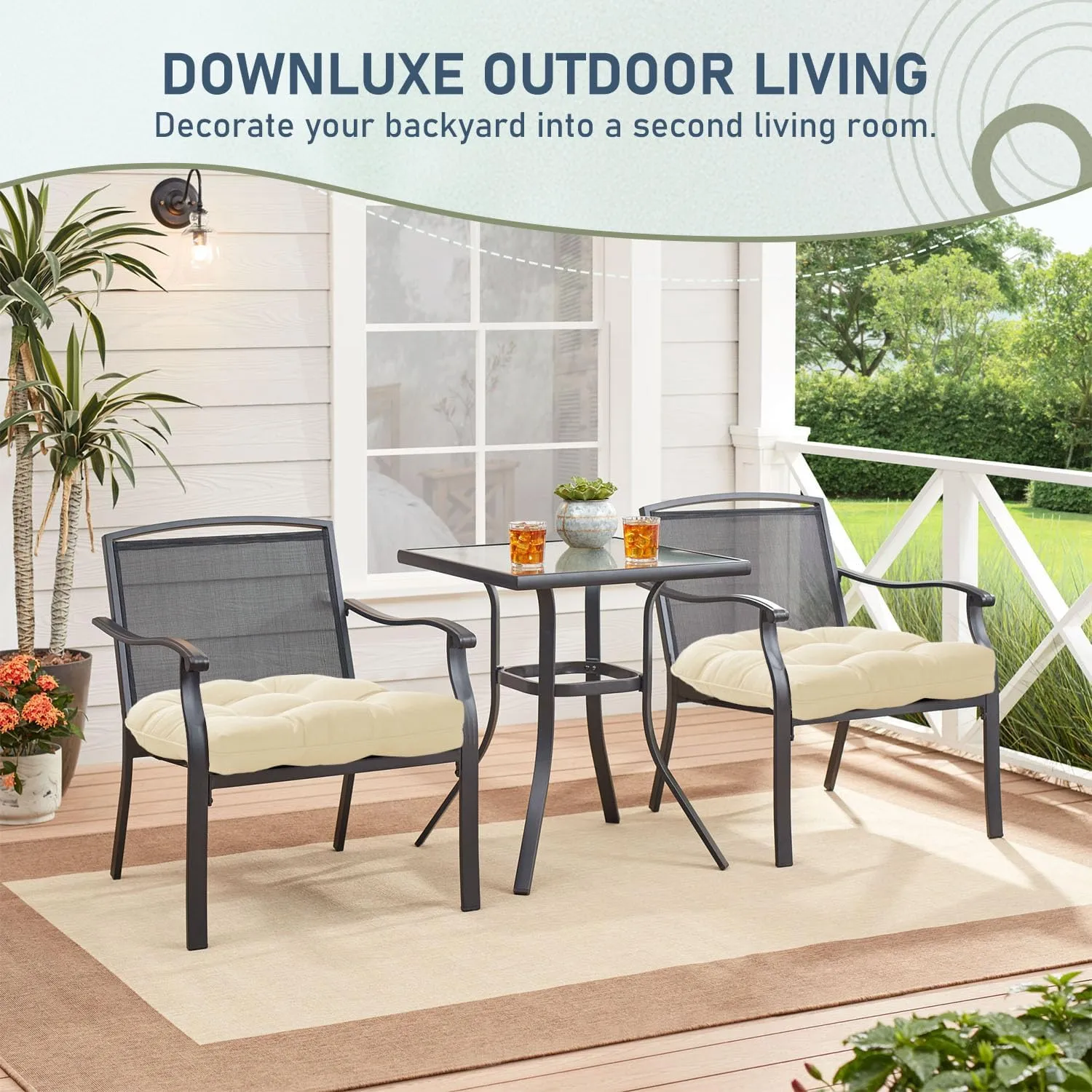 downluxe Outdoor Chair Cushions Set of 4 for Patio Furniture, Waterproof Tufted Overstuffed Patio Furniture Cushions, Memory Foam Outdoor Seat Cushion, 19" X 19" X 5", Beige