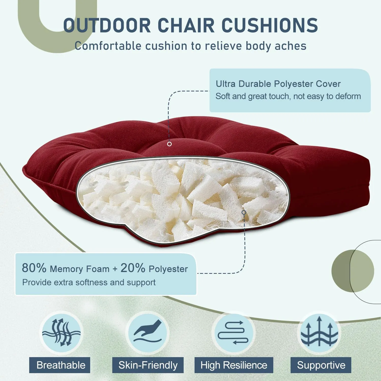 downluxe Outdoor Chair Cushions Set of 4 for Patio Furniture, Waterproof Tufted Overstuffed Patio Furniture Cushions, Thick Outdoor Seat Cushion, 19" X 19" X 5", Burgundy
