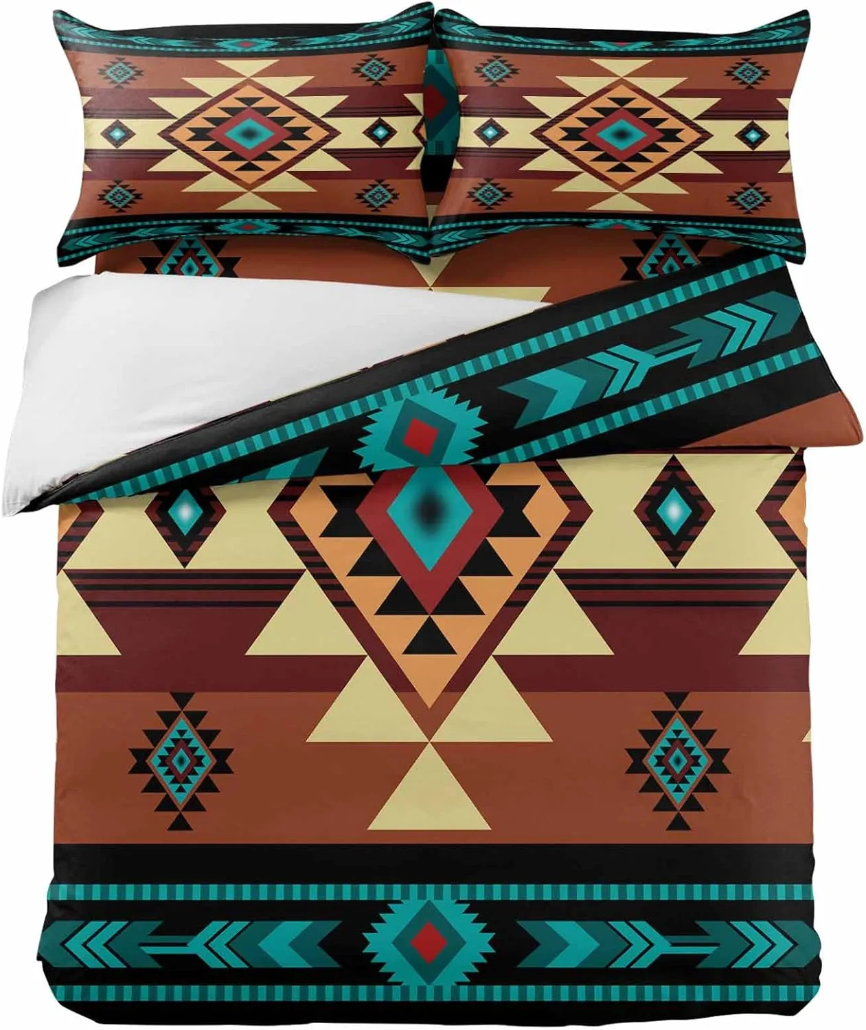 Duvet Cover Set-4 Pieces Twin Bedding Sets Retro Turquoise Ethnic Textile Texture,Ultra Soft Microfiber Comforter Cover with Pillow Shams Bed Flat Sheet for Bedroom Decor Abstract Native