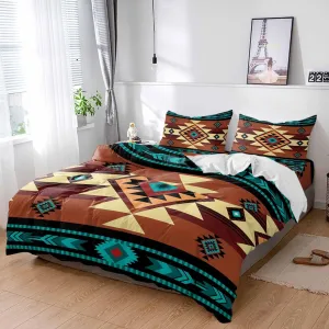 Duvet Cover Set-4 Pieces Twin Bedding Sets Retro Turquoise Ethnic Textile Texture,Ultra Soft Microfiber Comforter Cover with Pillow Shams Bed Flat Sheet for Bedroom Decor Abstract Native