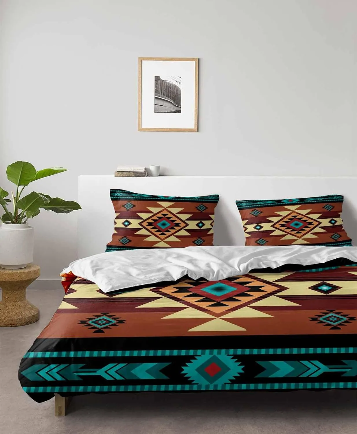 Duvet Cover Set-4 Pieces Twin Bedding Sets Retro Turquoise Ethnic Textile Texture,Ultra Soft Microfiber Comforter Cover with Pillow Shams Bed Flat Sheet for Bedroom Decor Abstract Native