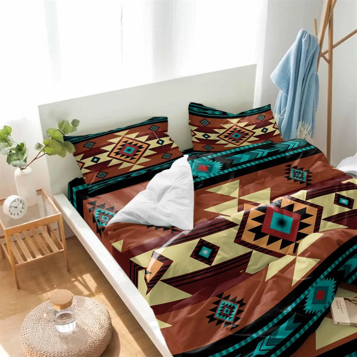 Duvet Cover Set-4 Pieces Twin Bedding Sets Retro Turquoise Ethnic Textile Texture,Ultra Soft Microfiber Comforter Cover with Pillow Shams Bed Flat Sheet for Bedroom Decor Abstract Native
