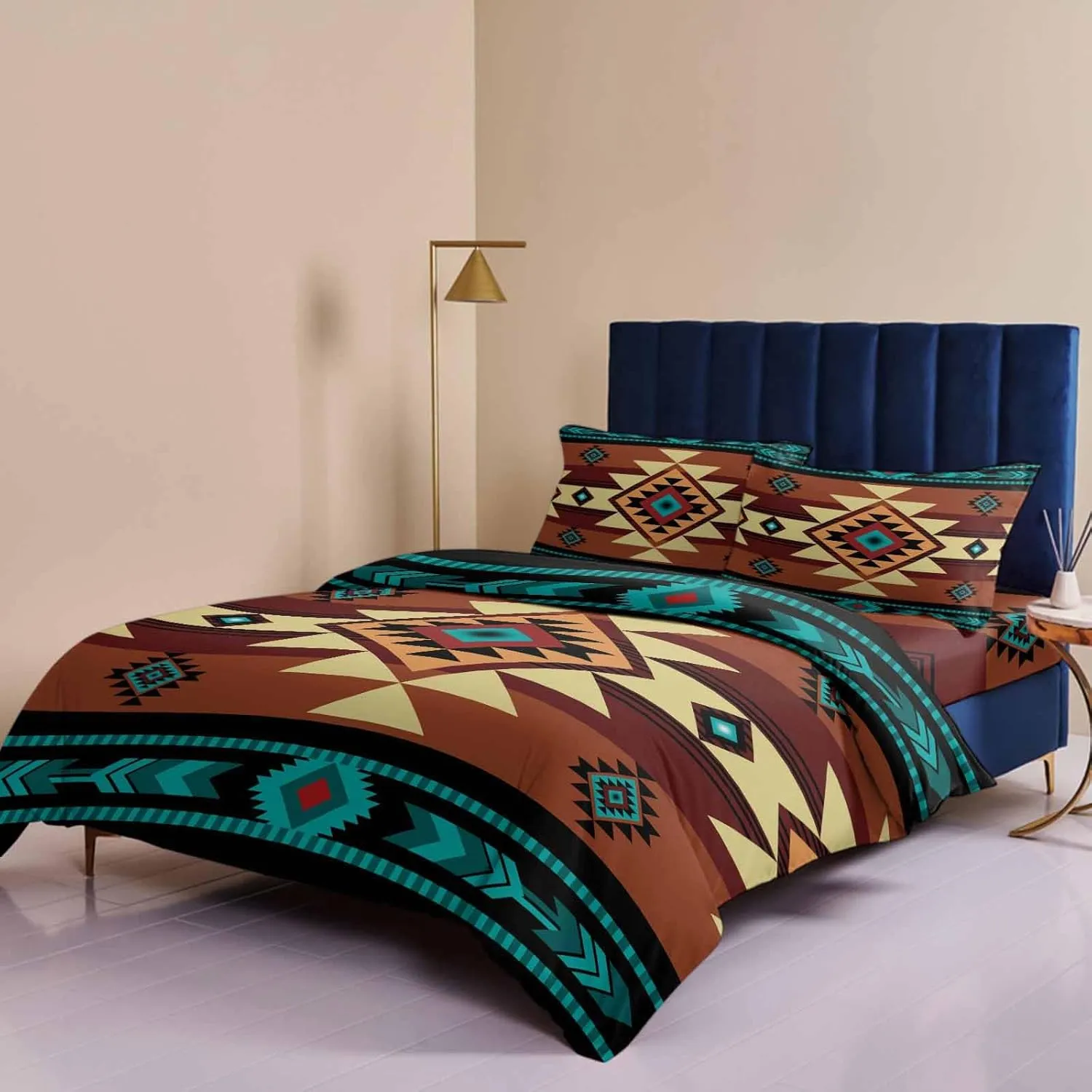 Duvet Cover Set-4 Pieces Twin Bedding Sets Retro Turquoise Ethnic Textile Texture,Ultra Soft Microfiber Comforter Cover with Pillow Shams Bed Flat Sheet for Bedroom Decor Abstract Native
