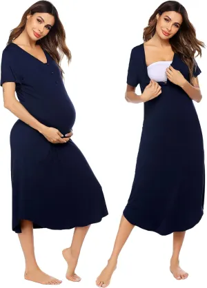 Ekouaer Nursing Nightgown Long Delivery Gown Navy Blue X-Large
