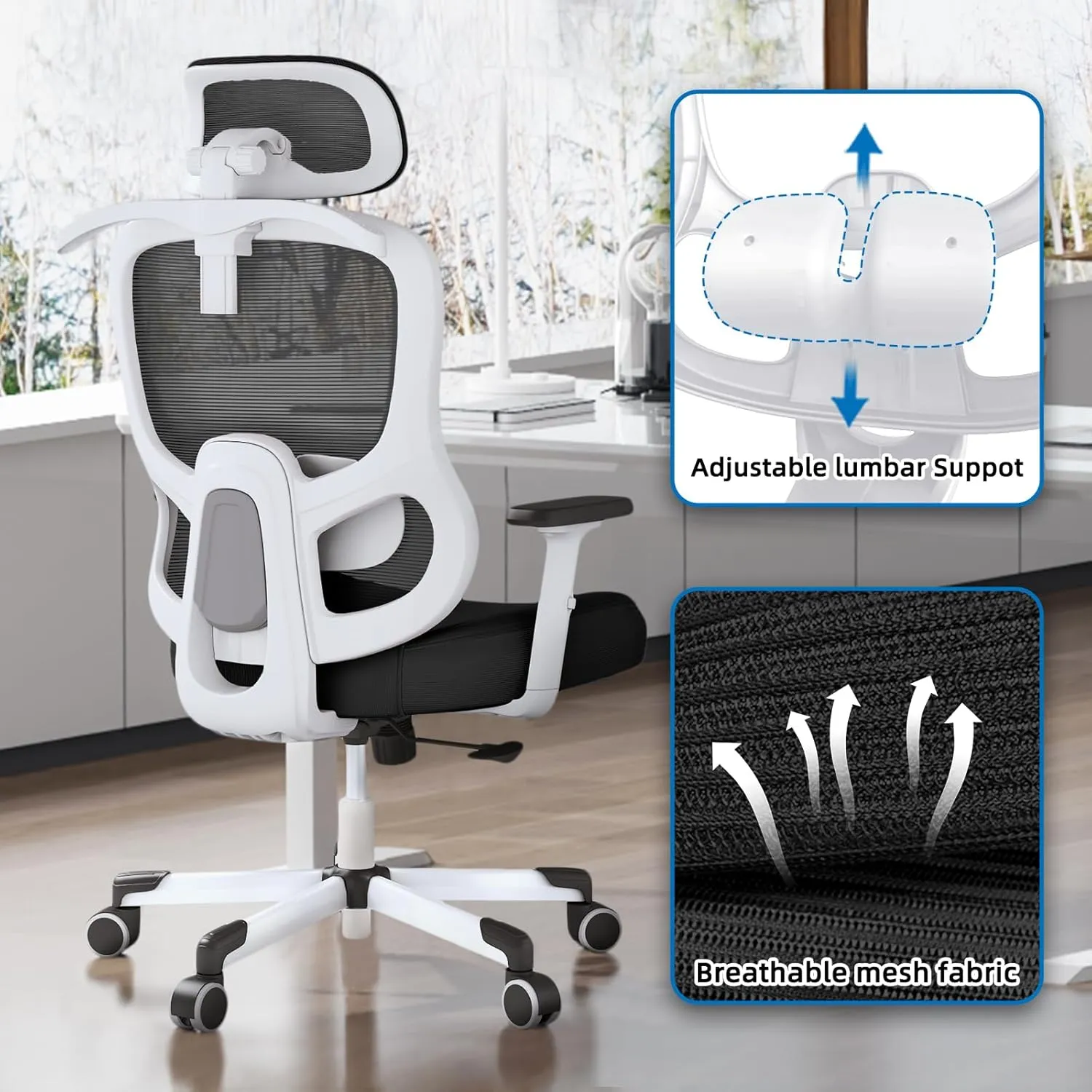 Ergonomic Office Chair Big Tall Reclining Gaming Chair Adjustable Lumbar Support 2D Armrest 6D Headrest Breathable Mesh Swivel Computer Chairs Home Task Desk Chair Coat Hanger Tilt Lock Black White
