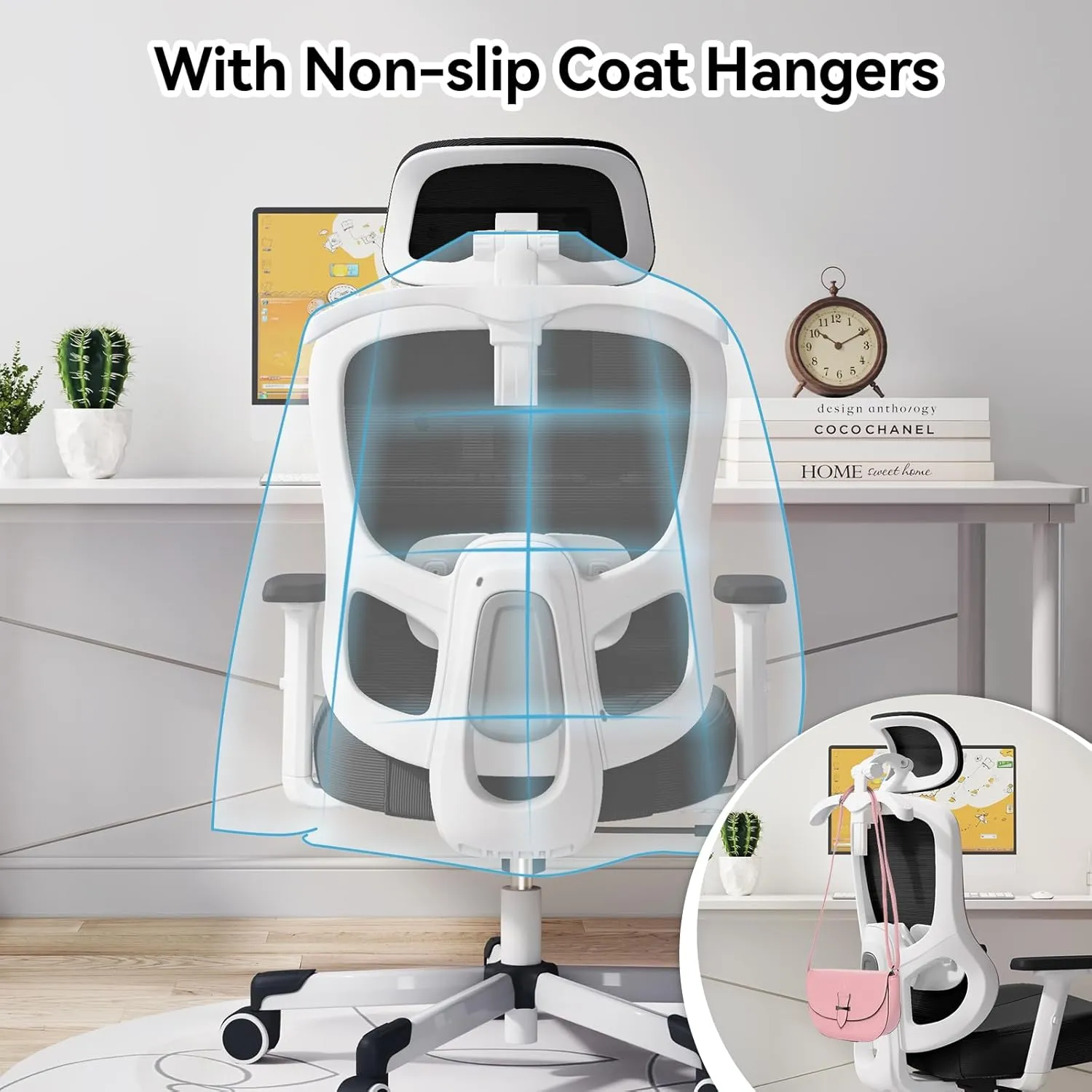 Ergonomic Office Chair Big Tall Reclining Gaming Chair Adjustable Lumbar Support 2D Armrest 6D Headrest Breathable Mesh Swivel Computer Chairs Home Task Desk Chair Coat Hanger Tilt Lock Black White