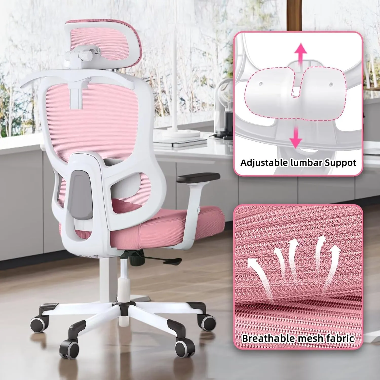 Ergonomic Office Chair Big Tall Reclining Gaming Chair Adjustable Lumbar Support 2D Armrest 6D Headrest Breathable Mesh Swivel Computer Chairs Home Task Desk Chair Coat Hanger Tilt Lock (Pink)