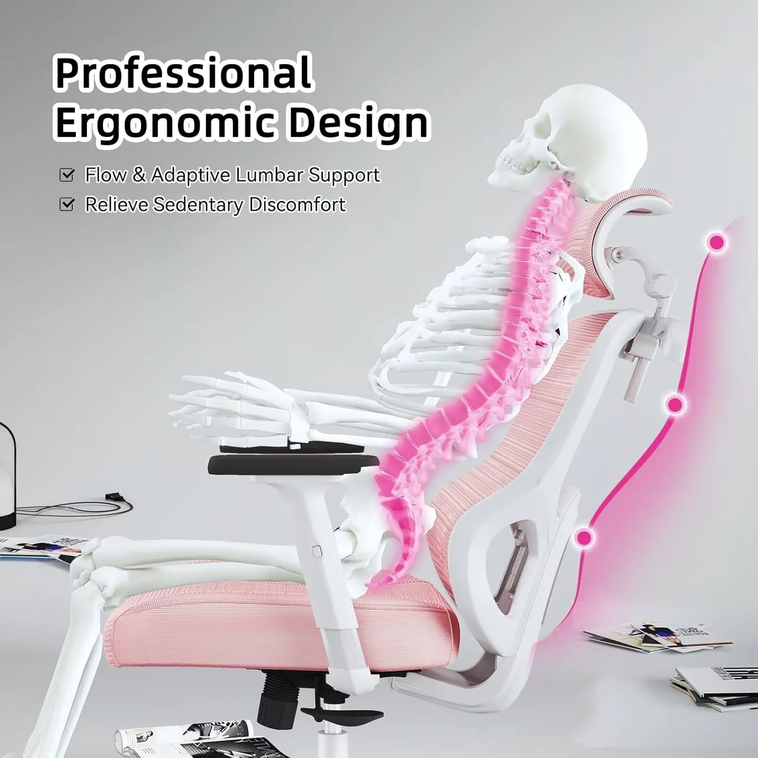 Ergonomic Office Chair Big Tall Reclining Gaming Chair Adjustable Lumbar Support 2D Armrest 6D Headrest Breathable Mesh Swivel Computer Chairs Home Task Desk Chair Coat Hanger Tilt Lock (Pink)