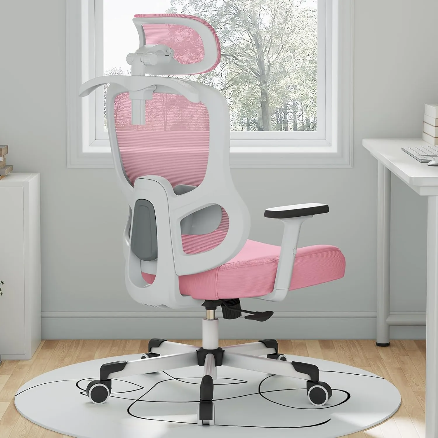 Ergonomic Office Chair Big Tall Reclining Gaming Chair Adjustable Lumbar Support 2D Armrest 6D Headrest Breathable Mesh Swivel Computer Chairs Home Task Desk Chair Coat Hanger Tilt Lock (Pink)