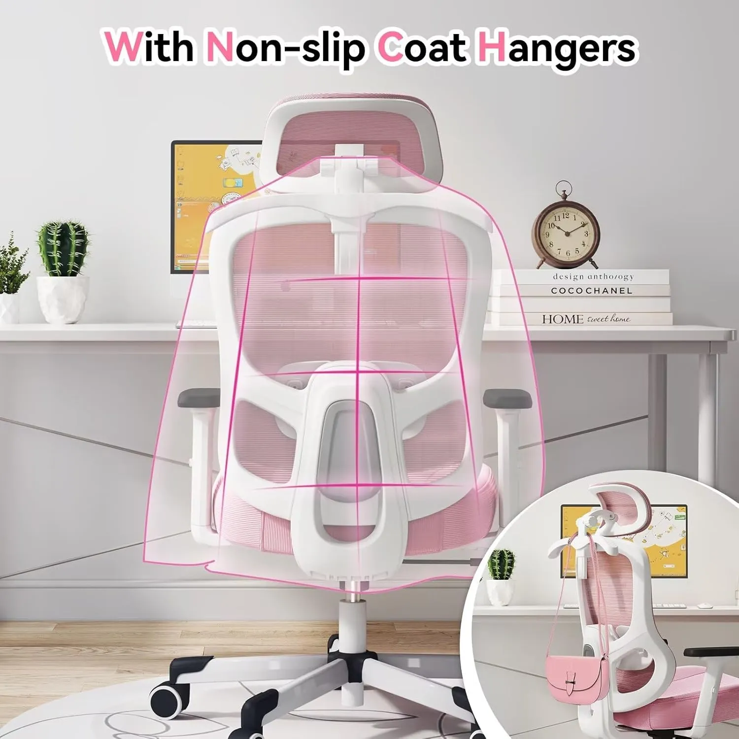 Ergonomic Office Chair Big Tall Reclining Gaming Chair Adjustable Lumbar Support 2D Armrest 6D Headrest Breathable Mesh Swivel Computer Chairs Home Task Desk Chair Coat Hanger Tilt Lock (Pink)