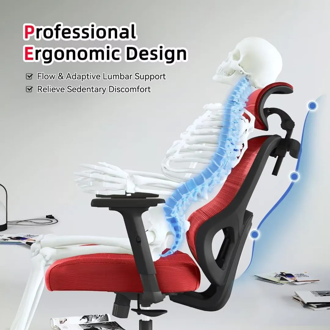 Ergonomic Office Chair Big Tall Reclining Gaming Chair Adjustable Lumbar Support 2D Armrest 6D Headrest Breathable Mesh Swivel Computer Chairs Home Task Desk Chair Coat Hanger Tilt Lock (Red)
