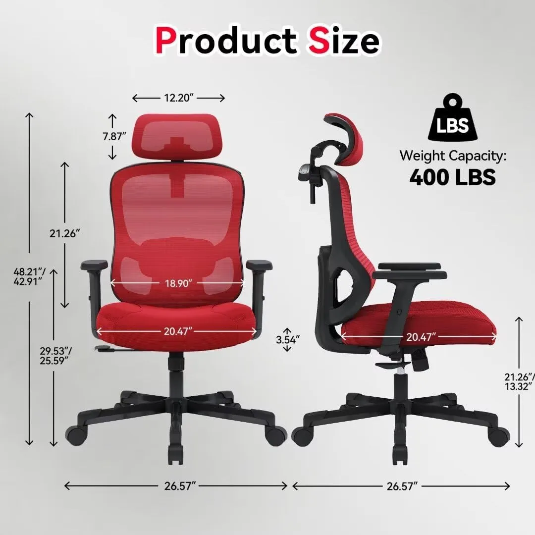 Ergonomic Office Chair Big Tall Reclining Gaming Chair Adjustable Lumbar Support 2D Armrest 6D Headrest Breathable Mesh Swivel Computer Chairs Home Task Desk Chair Coat Hanger Tilt Lock (Red)