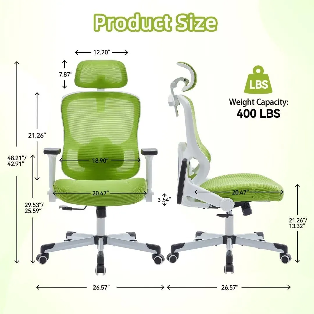 Ergonomic Office Chair Big Tall Reclining Gaming Chair Adjustable Lumbar Support 6D Armrest 6D Headrest Breathable Mesh Swivel Computer Chairs Home Task Desk Chair Wheels Coat Hanger Tilt Lock Green