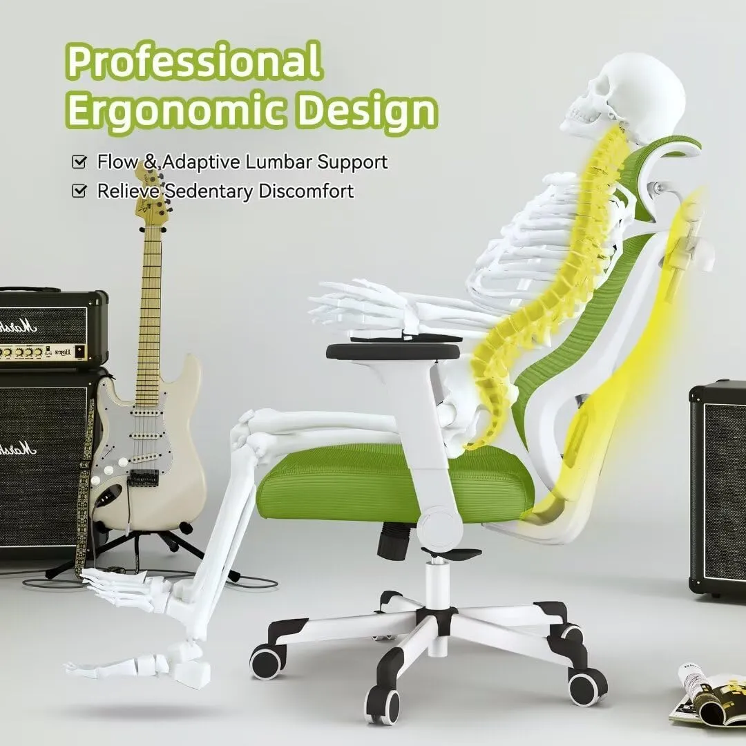 Ergonomic Office Chair Big Tall Reclining Gaming Chair Adjustable Lumbar Support 6D Armrest 6D Headrest Breathable Mesh Swivel Computer Chairs Home Task Desk Chair Wheels Coat Hanger Tilt Lock Green