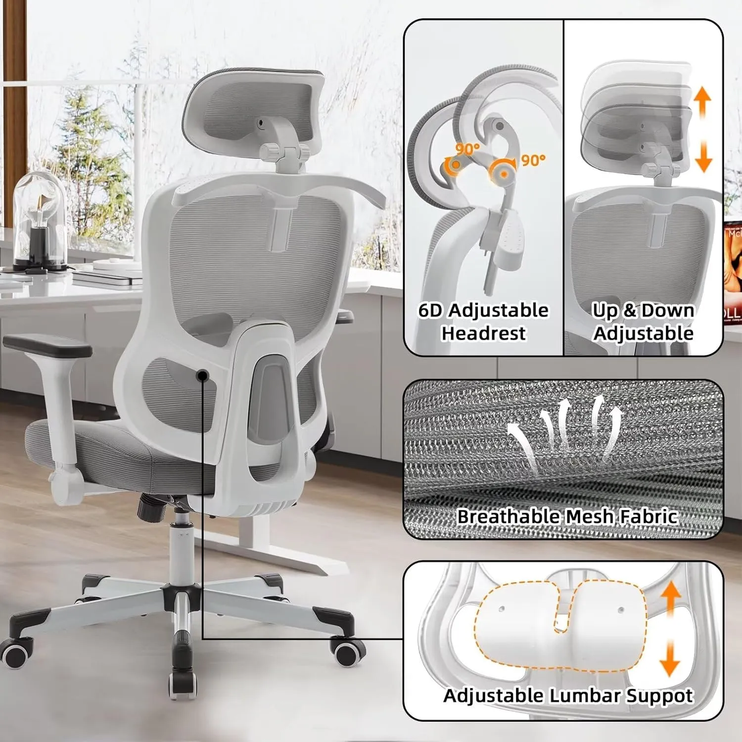 Ergonomic Office Chair Reclining Gaming Chair Adjustable Lumbar Support 4D Armrest 6D Headrest Breathable Mesh Swivel Computer Chairs Home Studio Chairs Desk Chair Coat Hanger Tilt Lock (Grey)