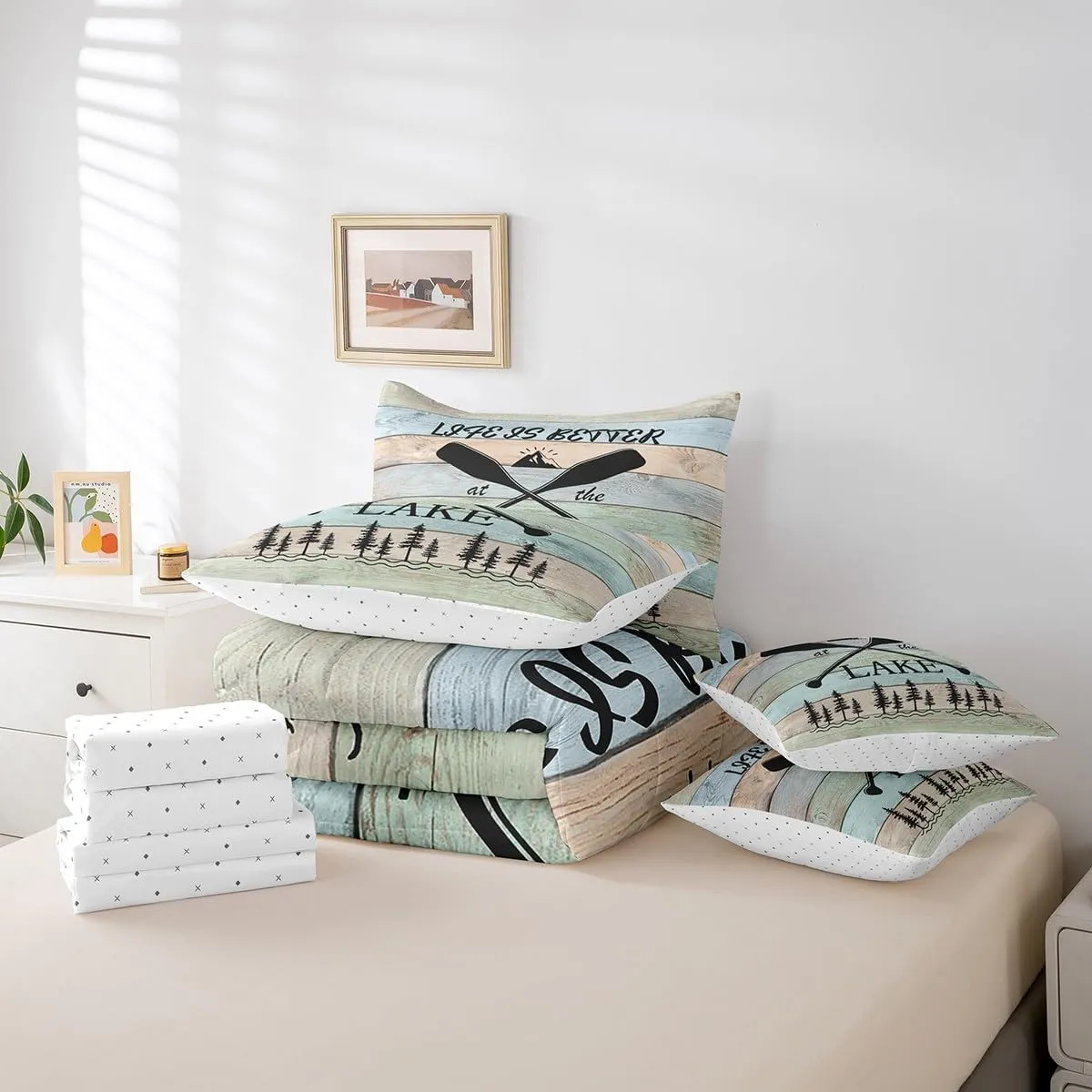 Erosebridal Lake House Decor Comforter Set King Size 7 Piece, Rustic Cabin Mountain Woodland Bedding Set with Sheet Set,Lake Paddle Fishing Reversible Bed in A Bag Farmhouse Decor