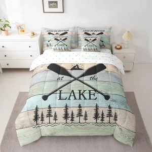 Erosebridal Lake House Decor Comforter Set King Size 7 Piece, Rustic Cabin Mountain Woodland Bedding Set with Sheet Set,Lake Paddle Fishing Reversible Bed in A Bag Farmhouse Decor