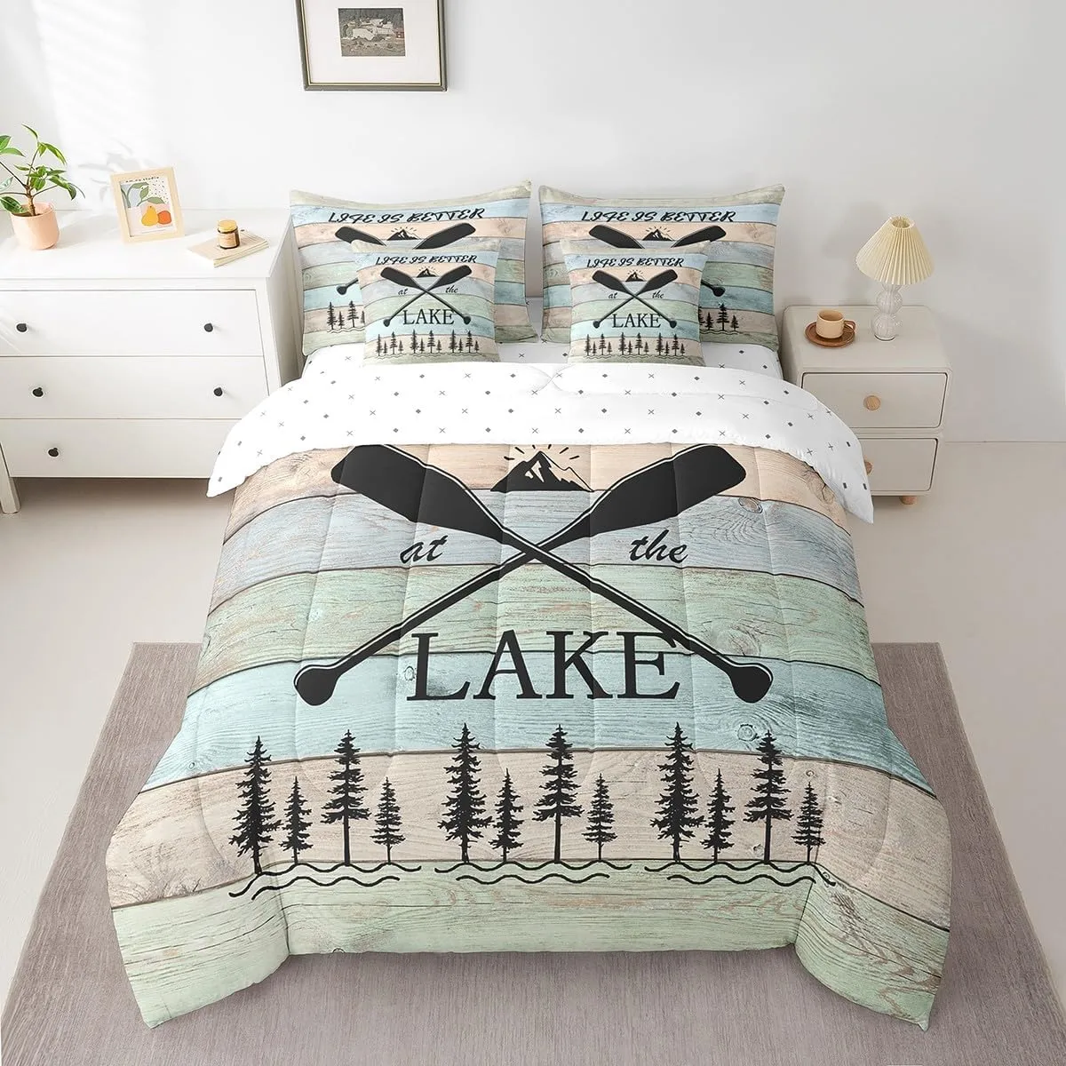 Erosebridal Lake House Decor Comforter Set King Size 7 Piece, Rustic Cabin Mountain Woodland Bedding Set with Sheet Set,Lake Paddle Fishing Reversible Bed in A Bag Farmhouse Decor