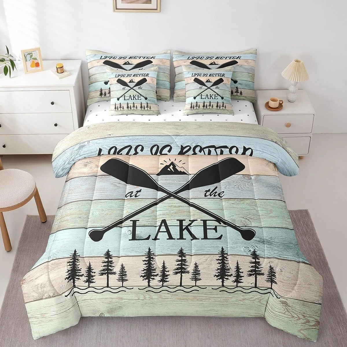 Erosebridal Lake House Decor Comforter Set King Size 7 Piece, Rustic Cabin Mountain Woodland Bedding Set with Sheet Set,Lake Paddle Fishing Reversible Bed in A Bag Farmhouse Decor