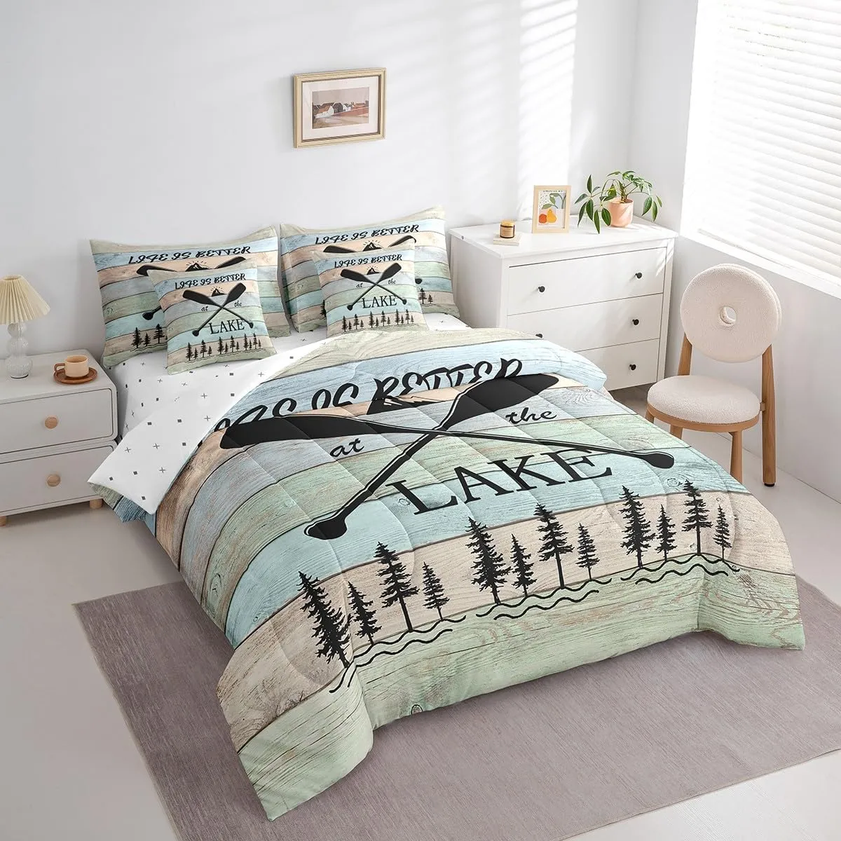 Erosebridal Lake House Decor Comforter Set King Size 7 Piece, Rustic Cabin Mountain Woodland Bedding Set with Sheet Set,Lake Paddle Fishing Reversible Bed in A Bag Farmhouse Decor